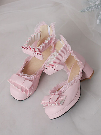 甘いロリータ サンダル弓フリル ラウンド トゥ PU レザー ホワイト ロリータ サマー シューズ