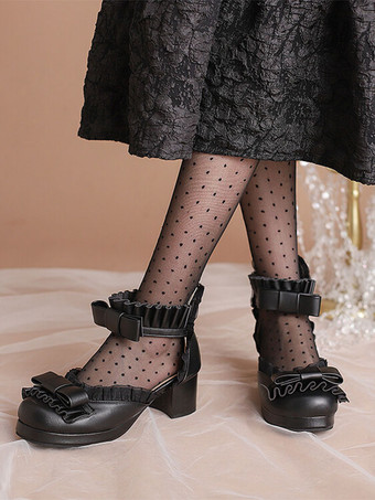 ブラック 甘いロリータ サンダル弓フリル ラウンド トゥ PU レザー ホワイト ロリータ サマー シューズ