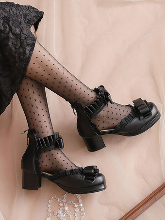 甘いロリータ サンダル弓フリル ラウンド トゥ PU レザー ホワイト ロリータ サマー シューズ