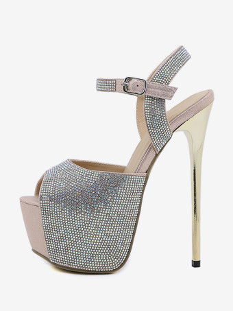 Sandali sexy con tacco alto Glitter Platform Peep Toe Strass Sky High 6.3 "Scarpe sexy