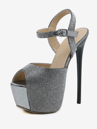 Nero Sandali sexy con tacco alto Glitter Platform Peep Toe Strass Sky High 6.3 "Scarpe sexy