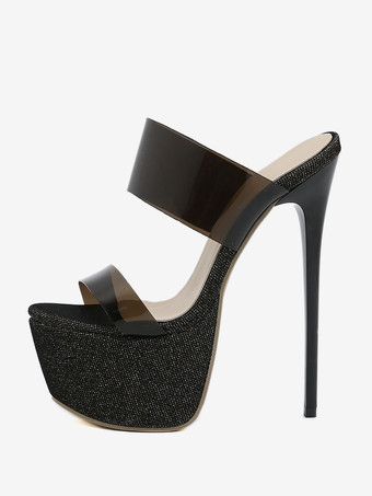 女性のためのセクシーなサンダル ブラック プラットフォーム ラウンド トゥ 6.3" クリア セクシー シューズ