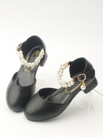 Chaussures de fille de fleur en cuir PU noir strass chaussures de fête pour enfants
