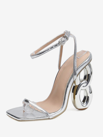 シルバー 女性用ヒールサンダル スクエアトゥ 特殊形状ヒールサンダル PUレザー