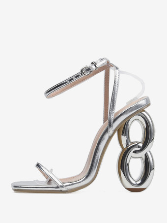 女性用ヒールサンダル スクエアトゥ 特殊形状ヒールサンダル PUレザー