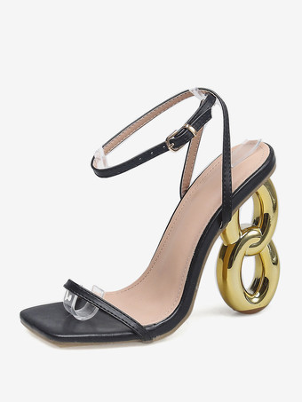 ブラック 女性用ヒールサンダル スクエアトゥ 特殊形状ヒールサンダル PUレザー