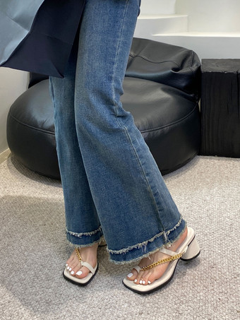 女性用 スライドサンダル シックなチェーン ポリエステル スクエアトゥ チャンキーヒール スリッパ