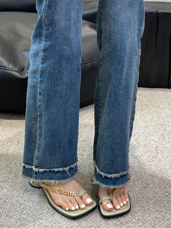 女性用 スライドサンダル シックなチェーン ポリエステル スクエアトゥ チャンキーヒール スリッパ