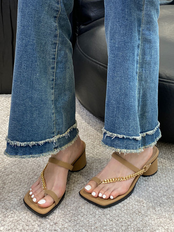 女性用 スライドサンダル シックなチェーン ポリエステル スクエアトゥ チャンキーヒール スリッパ