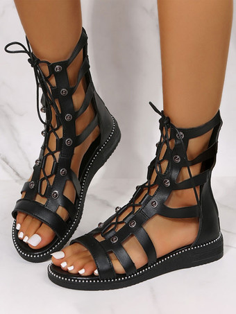 女性のグラディエーター サンダル ブラック PU レザー オープン トゥ フラット サンダル ブラック