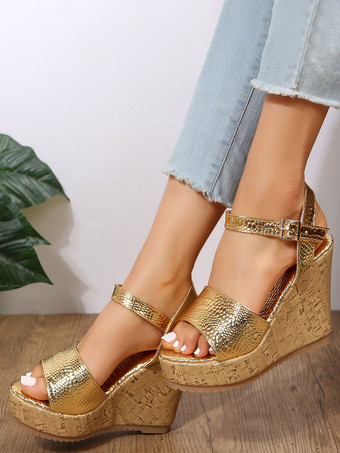 Sandali con zeppa in pelle PU a punta aperta da donna