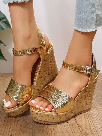 Oro Sandali con zeppa in pelle PU a punta aperta da donna