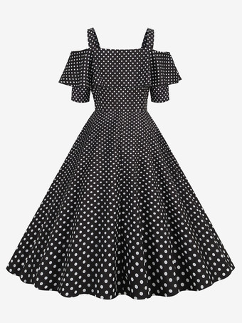 ヴィンテージ グラマー ドレス 1950 年代 バトー ネック 半袖 ミディアム ポルカ ドット ロカビリー ドレス