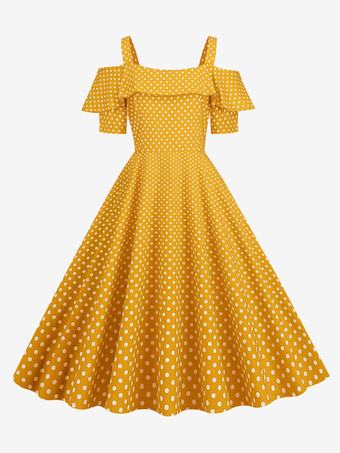 イエローヴィンテージ グラマー ドレス 1950 年代 バトー ネック 半袖 ミディアム ポルカ ドット ロカビリー ドレス
