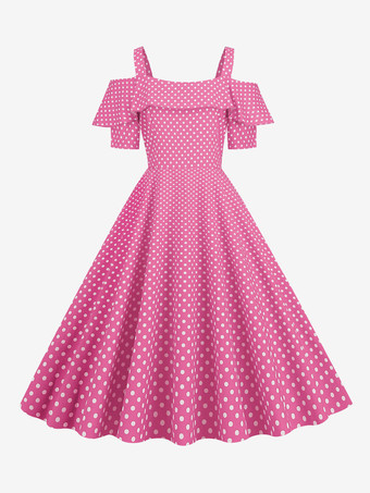ピンクヴィンテージ グラマー ドレス 1950 年代 バトー ネック 半袖 ミディアム ポルカ ドット ロカビリー ドレス