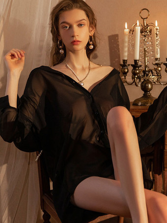 パジャマ 寝間着 ホワイト ボタン 1枚 ターンダウンカラー 長袖 シフォン ランジェリー