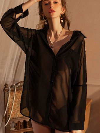 ブラック パジャマ 寝間着 ホワイト ボタン 1枚 ターンダウンカラー 長袖 シフォン ランジェリー