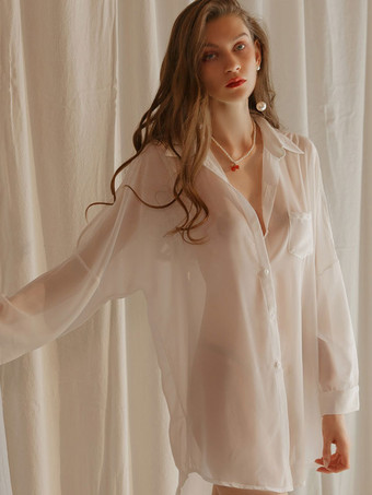 パジャマ 寝間着 ホワイト ボタン 1枚 ターンダウンカラー 長袖 シフォン ランジェリー