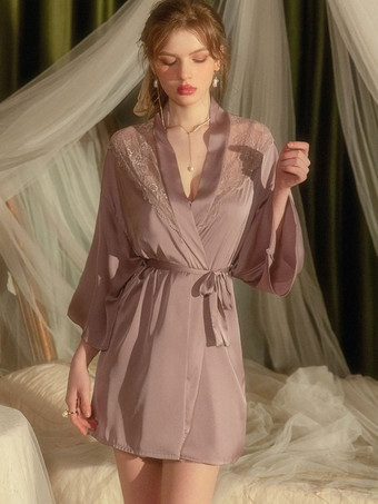 ラベンダーカラーパジャマ パジャマ シャンパンカラー レース 1個 長袖 シルク調 ランジェリー