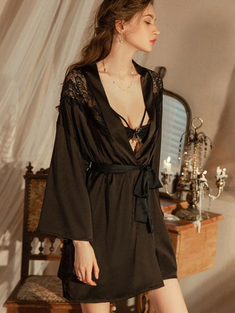 ブラック パジャマ パジャマ シャンパンカラー レース 1個 長袖 シルク調 ランジェリー