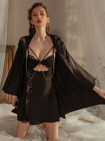 パジャマ パジャマ シャンパンカラー レース 1個 長袖 シルク調 ランジェリー