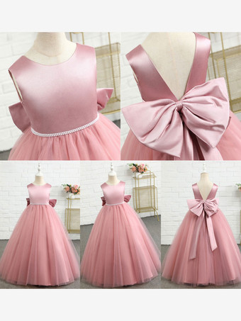 カメオピンクフラワーガールドレスビーズジュエルネックノースリーブガールズパーティードレス
