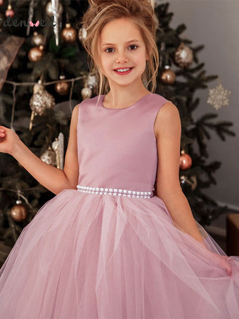 カメオピンクフラワーガールドレスビーズジュエルネックノースリーブガールズパーティードレス