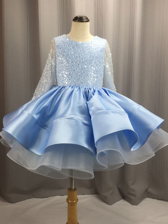 ブルーホワイトフラワーガールドレス レース ジュエルネック 長袖 女の子パーティードレス