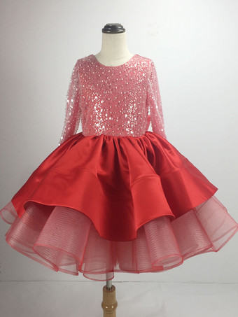 レッド ホワイトフラワーガールドレス レース ジュエルネック 長袖 女の子パーティードレス