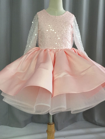 ピンクホワイトフラワーガールドレス レース ジュエルネック 長袖 女の子パーティードレス