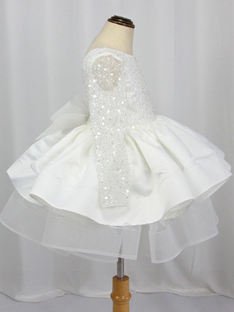 ホワイトフラワーガールドレス レース ジュエルネック 長袖 女の子パーティードレス