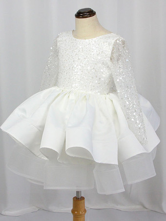 ホワイトホワイトフラワーガールドレス レース ジュエルネック 長袖 女の子パーティードレス