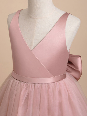 アイボリーフラワーガールドレスチュールリボンVネックノースリーブガールズパーティードレス