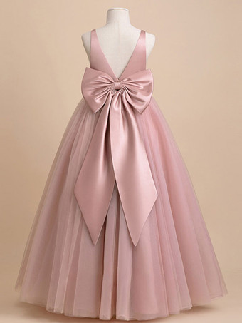 アイボリーフラワーガールドレスチュールリボンVネックノースリーブガールズパーティードレス