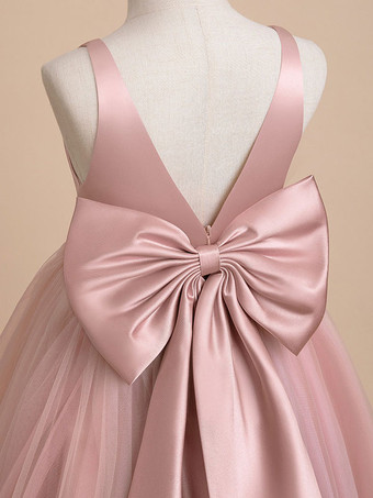 アイボリーフラワーガールドレスチュールリボンVネックノースリーブガールズパーティードレス