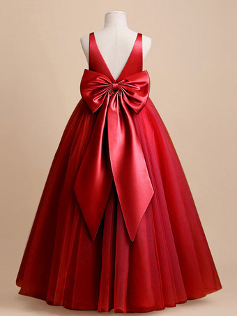 レッドアイボリーフラワーガールドレスチュールリボンVネックノースリーブガールズパーティードレス