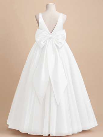 ホワイトアイボリーフラワーガールドレスチュールリボンVネックノースリーブガールズパーティードレス