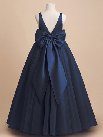 ダークネイビーアイボリーフラワーガールドレスチュールリボンVネックノースリーブガールズパーティードレス