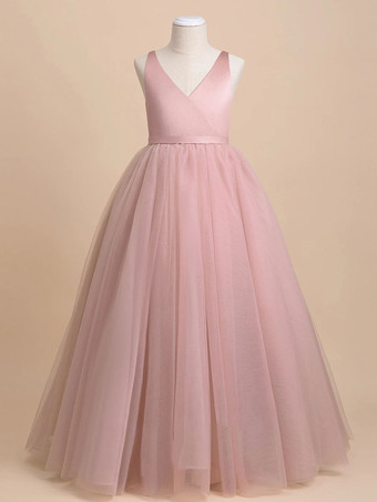 カメオピンクアイボリーフラワーガールドレスチュールリボンVネックノースリーブガールズパーティードレス