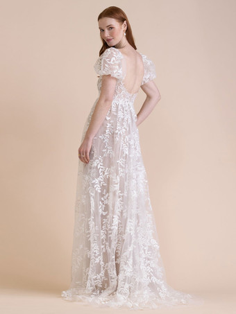 レースのウェディングドレストレーンAライン半袖スクエアネックブライダルドレス無料カスタマイズ