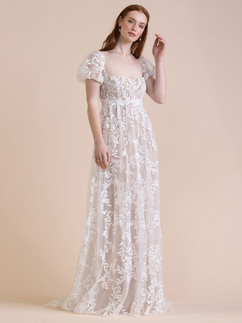 肌色レースのウェディングドレストレーンAライン半袖スクエアネックブライダルドレス無料カスタマイズ