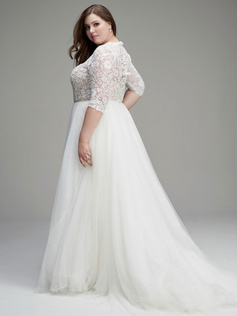 シンプルなウェディングドレス A ライン ジュエル ネック 3/4 長さの袖レース ブライダル ドレス無料カスタマイズ