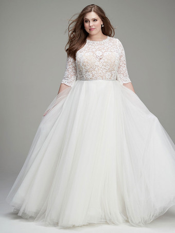 シンプルなウェディングドレス A ライン ジュエル ネック 3/4 長さの袖レース ブライダル ドレス無料カスタマイズ