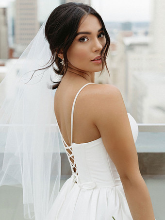 ショートウェディングドレス スクエアネック ノースリーブ Aライン サテン生地 ブライダルドレス 無料カスタマイズ