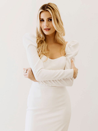 ショートウェディングドレス ティーレングス 恋人ネック 長袖 マーメイド ストレッチ クレープ ブライダルドレス 無料カスタマイズ