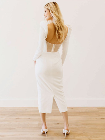 ショートウェディングドレス ティーレングス 恋人ネック 長袖 マーメイド ストレッチ クレープ ブライダルドレス 無料カスタマイズ