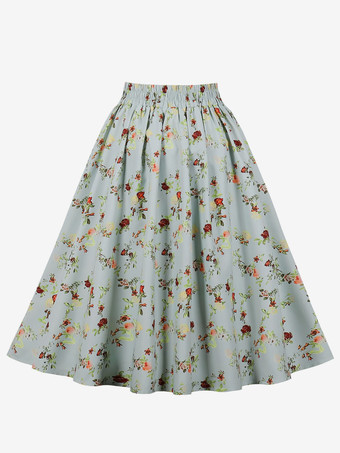 Jupe Femmes Bleu Ciel Clair Boutons Imprimé Fleuri Longueur Au Genou Taille Haute