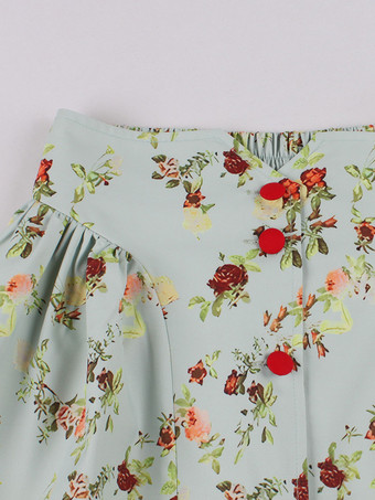 Jupe Femmes Bleu Ciel Clair Boutons Imprimé Fleuri Longueur Au Genou Taille Haute