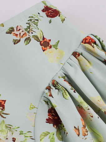 Jupe Femmes Bleu Ciel Clair Boutons Imprimé Fleuri Longueur Au Genou Taille Haute