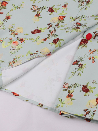 Jupe Femmes Bleu Ciel Clair Boutons Imprimé Fleuri Longueur Au Genou Taille Haute